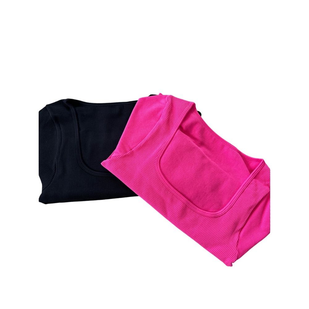 OQQ Ribbed‎ Square Neck Long Sleeve Crop Top Set Activewear Athleisure L